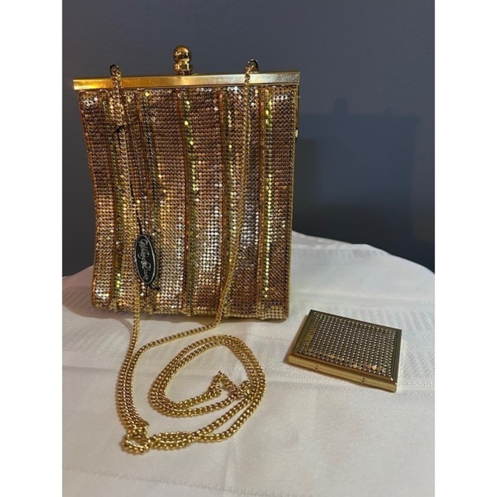 Vintage Whiting & Davis Gold Mesh Purse w/ Mirror & Chain, Art Deco Bag Party